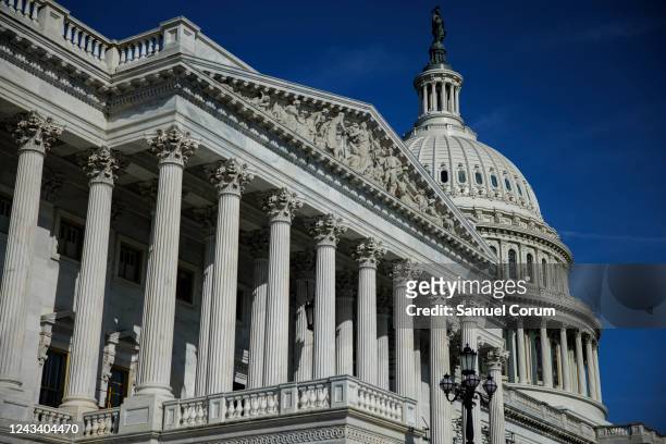 The U.S. House of Representatives and the U.S. Capitol Dome is seen as Speaker of the House Nancy Pelosi prepares to speak during a press conference...