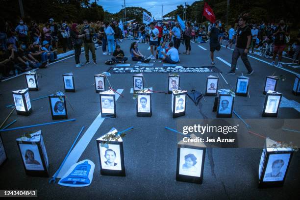 Protesters demonstrate to mark the 50th anniversary of the declaration of martial law by former Philippine dictator Ferdinand Marcos Sr, on September...