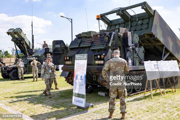 S M270A1 Multiple Launch Rocket System exhibited during the Defense Expo Korea 2022, the biggest military weapon exhibition in the country, held at...