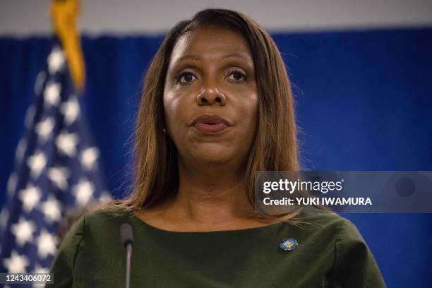 New York Attorney General Letitia James speaks during a press conference regarding former US President Donald Trump and his family's financial fraud...