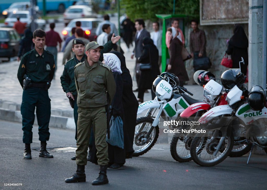 Iran Police Ranks Iranian morality policemen stand guard while monitoring an area in ...