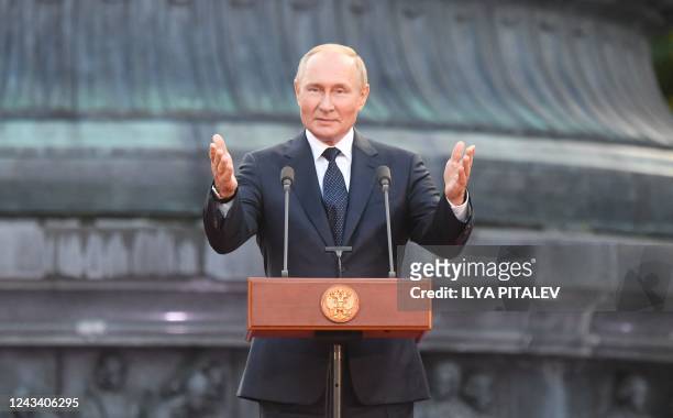 Russian President Vladimir Putin gives a speech during an event to mark the 1160th anniversary of Russia's statehood in Veliky Novgorod on September...