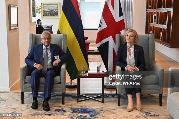 British Prime Minister Liz Truss meets with her Mauritius counterpart Pravind Jugnauth during a bilateral meeting on the sidelines of the 77th...