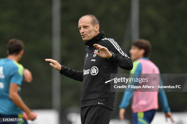 Juventus head coach Massimiliano Allegri during a Juventus First Team & Next Gen Training Session at Juventus Center Vinovo on September 21, 2022 in...