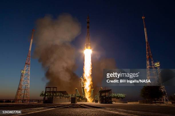In this handout provided by NASA, the Soyuz MS-22 rocket is launched to the International Space Station with Expedition 68 astronaut Frank Rubio of...