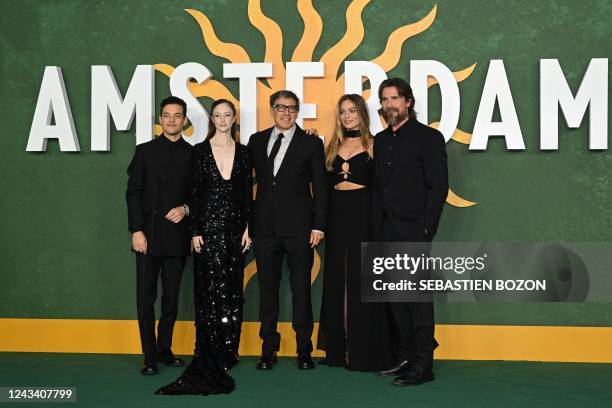 Actor Rami Malek, British actress Andrea Riseborough, US filmmaker David O Russell, Australian actress Margot Robbie and US actor Christian Bale pose...