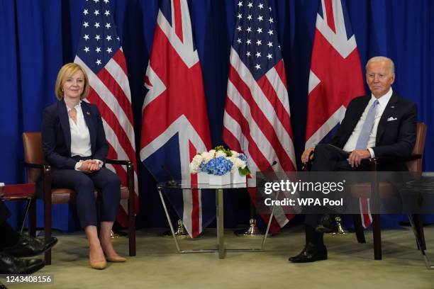 British Prime Minister Liz Truss meets with U.S. President Joe Biden during a bilateral meeting on the sidelines of the 77th session of the United...