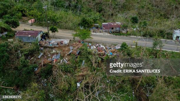 Aerial view of houses damaged along the highway that connects Miches with El Seibo in the northeast of the Dominican Republic on September 21 after...