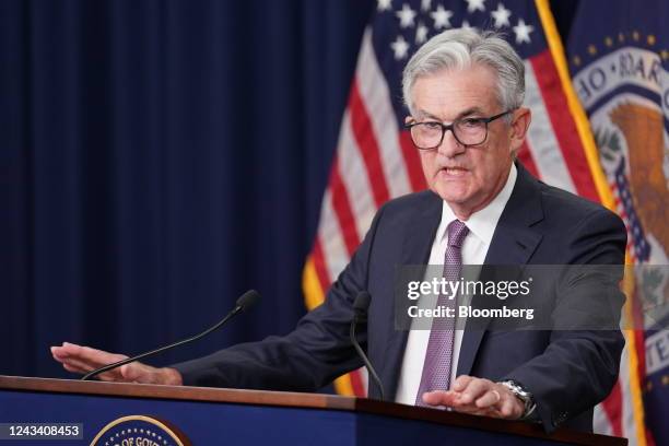 Jerome Powell, chairman of the US Federal Reserve, speaks during a news conference following a Federal Open Market Committee meeting in Washington,...