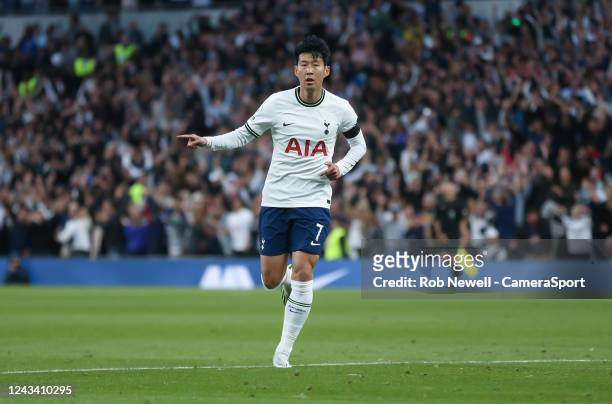 Tottenham Hotspur's Son Heung-Min celebrates scoring his side's fourth goal during the Premier League match between Tottenham Hotspur and Leicester...