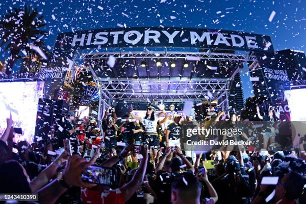 Ja Wilson of the Las Vegas Aces celebrates during the 2022 WNBA championship parade on the Las Vegas Strip on September 20, 2022 in Las Vegas,...