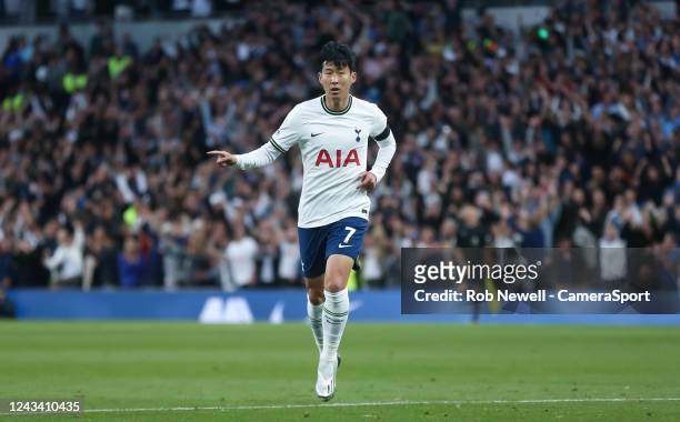Tottenham Hotspur's Son Heung-Min celebrates scoring his side's fourth goal during the Premier League match between Tottenham Hotspur and Leicester...