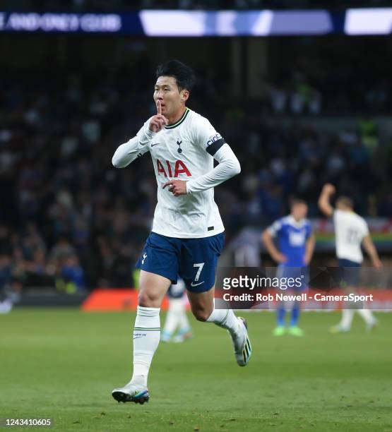 Tottenham Hotspur's Son Heung-Min celebrates scoring his side's fifth goal during the Premier League match between Tottenham Hotspur and Leicester...