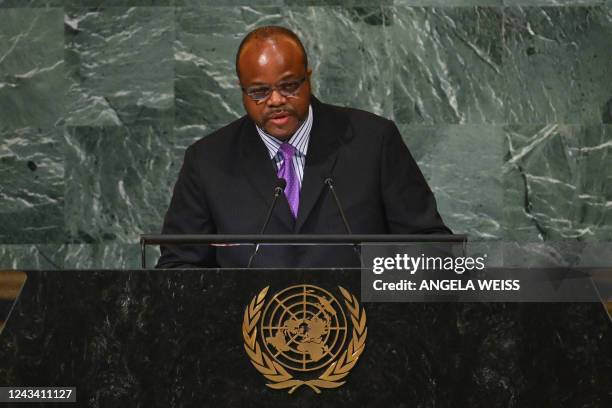 King Mswati III of Eswatini addresses the 77th session of the United Nations General Assembly at the UN headquarters in New York City on September...