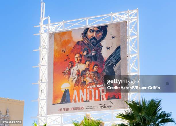 Billboard above the El Capitan Entertainment Centre promotes the new Disney+ Star Wars show "Andor" on September 21, 2022 in Hollywood, California.