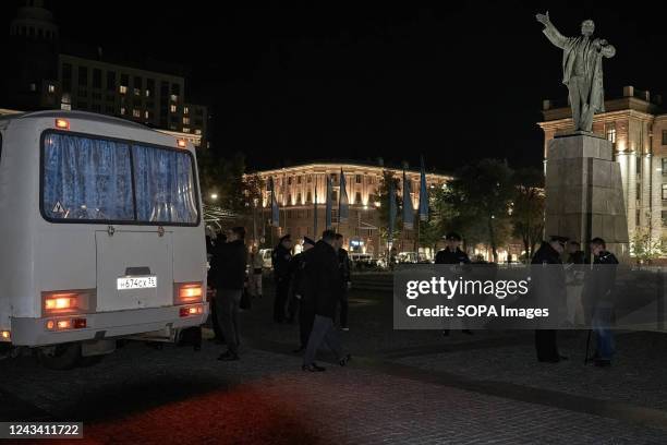 Police load the last protesters onto a bus during the anti-mobilisation demonstration. President Putin signed a decree on partial mobilisation. State...