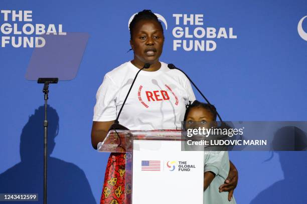 Amabassador and AIDS activist Connie Mudenda, with her daughter Lubona Manasseh Nsonje, speaks at the Global Fund's Seventh Replenishment Conference...