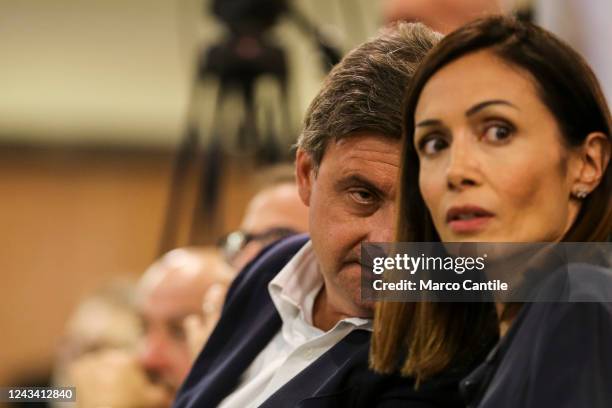 The political leader of the Action-Italy Alive coalition, Carlo Calenda , talks with the politician Mara Carfagna, during the electoral tour in...