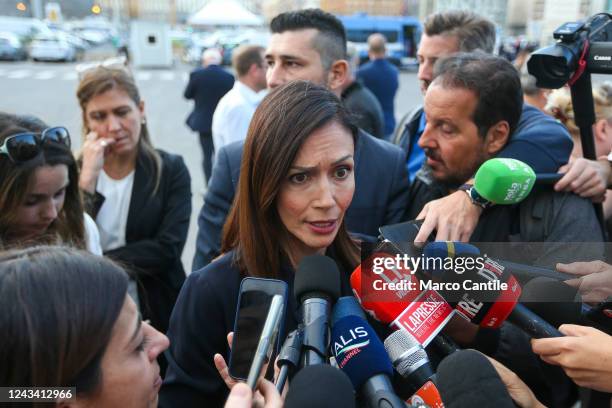 The politician of the Action-Italy Alive coalition, Mara Carfagna, talks with journalists during the electoral tour in Naples, for the Italian...