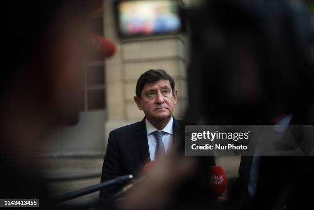 Patrick Kanner, president of the Socialist, Ecologist and Republican group in the Senate, speaks to the press after meeting with Prime Minister...