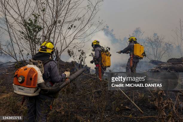 Firefighters and volunteers combat a fire on the Amazonia rainforest in Apui, southern Amazonas State, Brazil, on September 21, 2022. - According to...