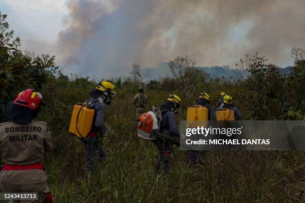 Firefighters and volunteers combat a fire on the Amazonia rainforest in Apui, southern Amazonas State, Brazil, on September 21, 2022. - According to...