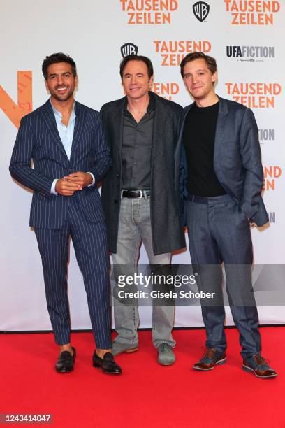Elyas M'Barek, Director Michael "Bully" Herbig, Jonas Nay during the "Tausend Zeilen" film premiere at Astor Filmlounge on September 21, 2022 in...