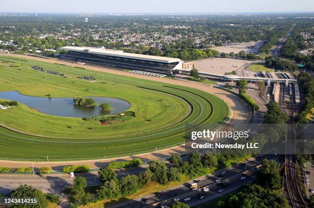 Aerial view of Belmont Park is shown on July 1, 2019. A new arena for the New York Islanders will be built in the parking lot behind the race track...