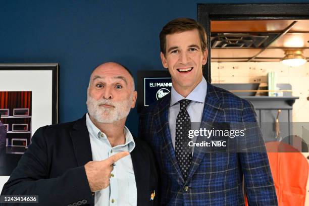 Episode 1714 -- Pictured: Chef José Andrés and former football player Eli Manning pose together backstage on Wednesday, September 21, 2022 --