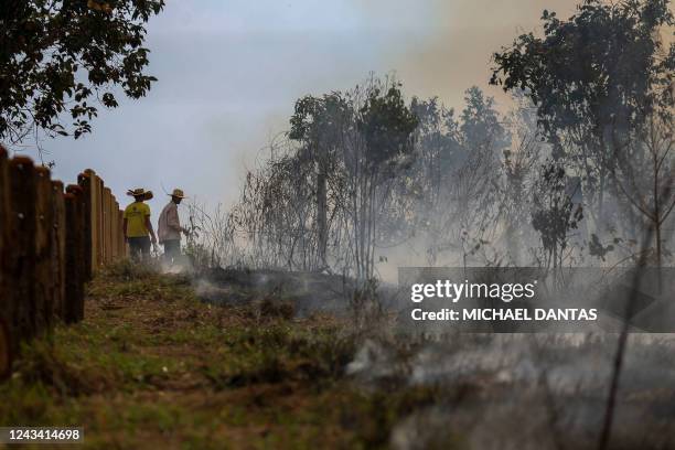 Men are seen on a burnt area of the Amazonia rainforest in Apui, southern Amazonas State, Brazil, on September 21, 2022. - According to the National...