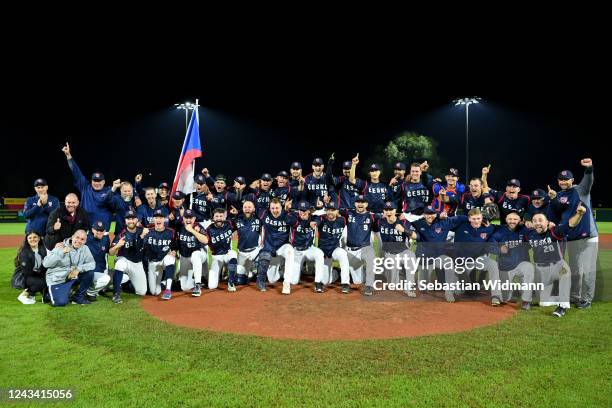 Team Czech Republic poses for a photo after their win over Team Spain at Armin-Wolf-Arena on Wednesday, September 21, 2022 in Regensburg, Germany.