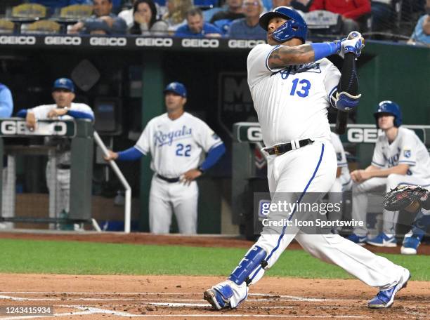 Kansas City Royals catcher Salvador Perez doubles in the first inning during a MLB game between the Minnesota Twins and the Kansas City Royals,...