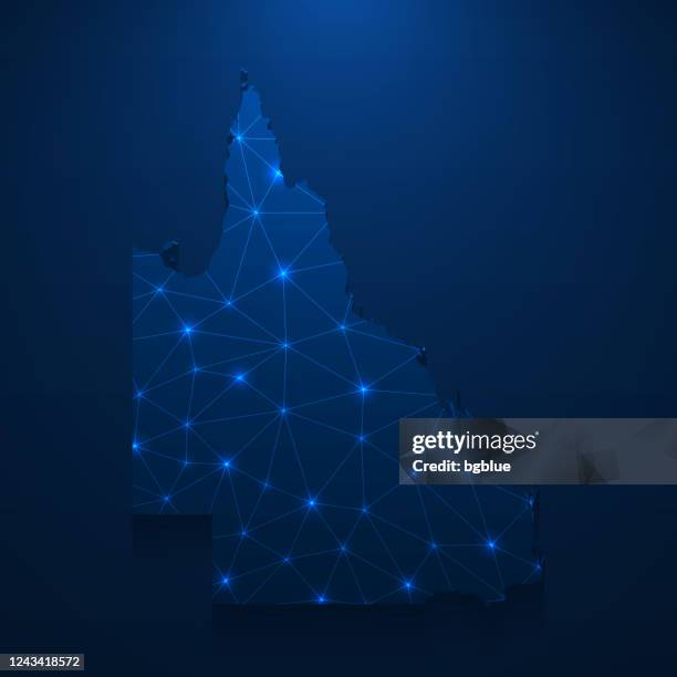 queensland map network - bright mesh on dark blue background - queensland border stock illustrations