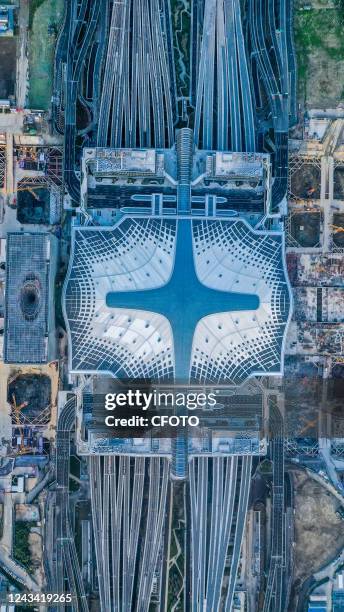 An aerial view shows the top of Hangzhou West Railway Station in Hangzhou, Zhejiang Province, China, on Sept 21, 2022.