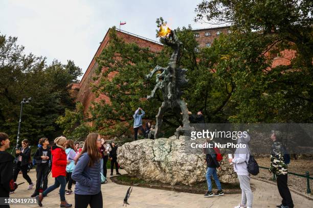 Metre tall bronze statue of a standing dragon that breathes actual fire, created by Polish sculptor Bronislaw Chromy, is seen near the Wawel Castle...