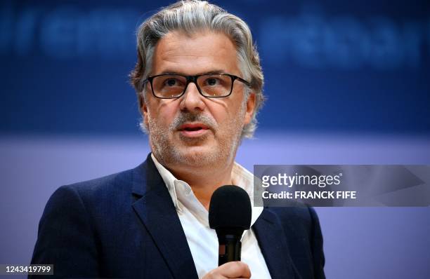 President of the Professional Football League Vincent Labrune participates in a debate dubbed "Demain le sport" , in Paris on September 22, 2022. -...