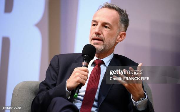 First Deputy Mayor of Paris Emmanuel Gregoire participates in a debate dubbed "Demain le sport" , in Paris on September 22, 2022. - The swimming...