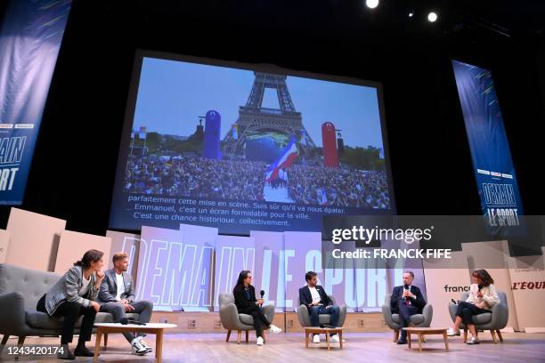 French Sports, Olympic and Paralympic Games Minister Amelie Oudea-Castera, French athlete Kevin Mayer, Olympic judoka medalist Sandrine Martinet,...