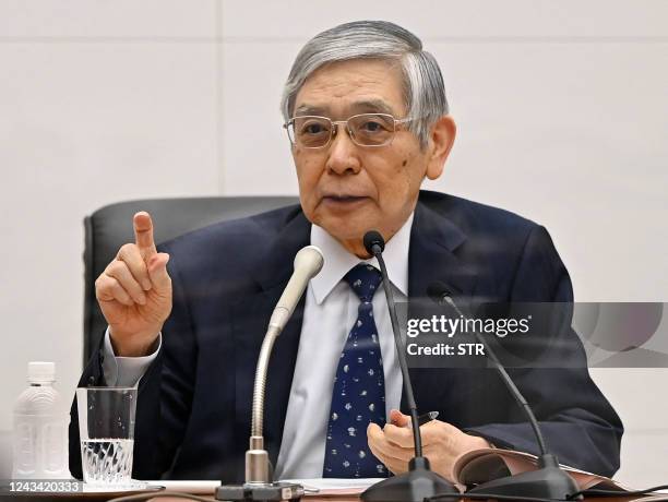 Bank of Japan Governor Haruhiko Kuroda speaks during a press conference following a monetary policy meeting at the BOJ headquarters in Tokyo on...