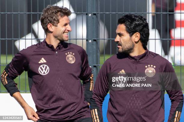 Germany's forward Thomas Mueller and Germany's midfielder Ilkay Gundogan take part in a training session, on the eve of the UEFA Nations League Group...