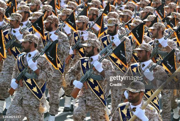 Iranian soldiers march during the annual military parade marking the anniversary of the outbreak of the devastating 1980-1988 war with Saddam...