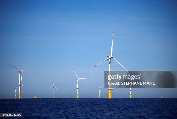 Gerenal view of wind turbines at the Saint-Nazaire offshore wind farm, off the coast of the Guerande peninsula in western France, on September 22,...