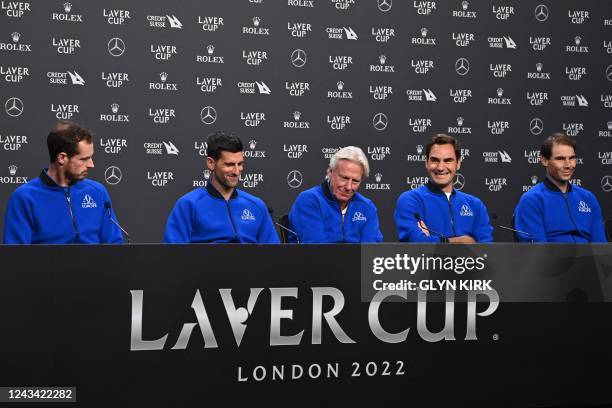 Britain's Andy Murray, Serbia's Novak Djokovic, captain Bjorn Borg, Switzerland's Roger Federer and Spain's Rafael Nadal laugh during a press...