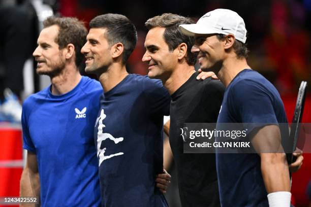 Britain's Andy Murray, Serbia's Novak Djokovic, Switzerland's Roger Federer and Spain's Rafael Nadal pose during a Team Europe practice session ahead...