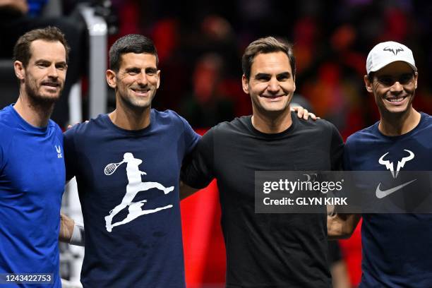 Britain's Andy Murray, Serbia's Novak Djokovic, Switzerland's Roger Federer and Spain's Rafael Nadal pose during a Team Europe practice session ahead...