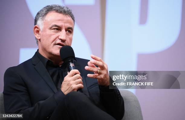 Paris Saint-Germain's French head coach Christophe Galtier participates in a debate on the occasion of an event dubbed "Demain le sport" , in Paris...