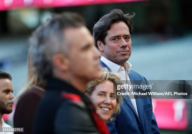 Gillon McLachlan is seen during the AFL Grand Final Entertainment Media Opportunity at the Melbourne Cricket Ground on September 22, 2022 in...