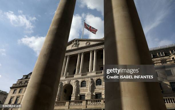 General view shows Bank of England in the City of London on September 22, 2022. - The Bank of England hiked its interest rate sharply again to combat...