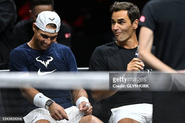 Switzerland's Roger Federer and Spain's Rafael Nadal take a break during a practice session ahead of the 2022 Laver Cup at the O2 Arena in London on...
