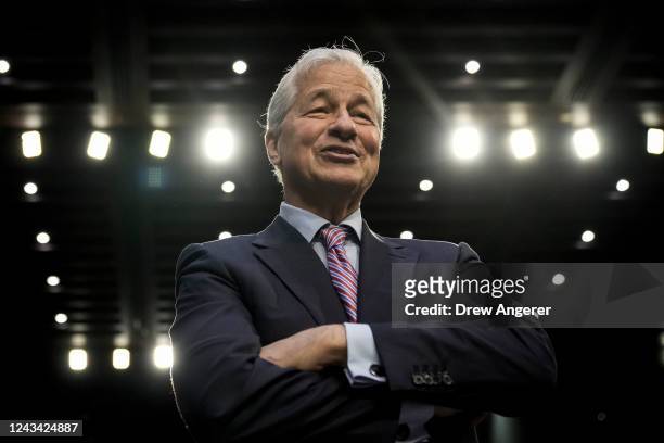 JPMorgan Chase & Co CEO Jamie Dimon arrives for a Senate Banking, Housing, and Urban Affairs Committee hearing on Capitol Hill September 22, 2022 in...